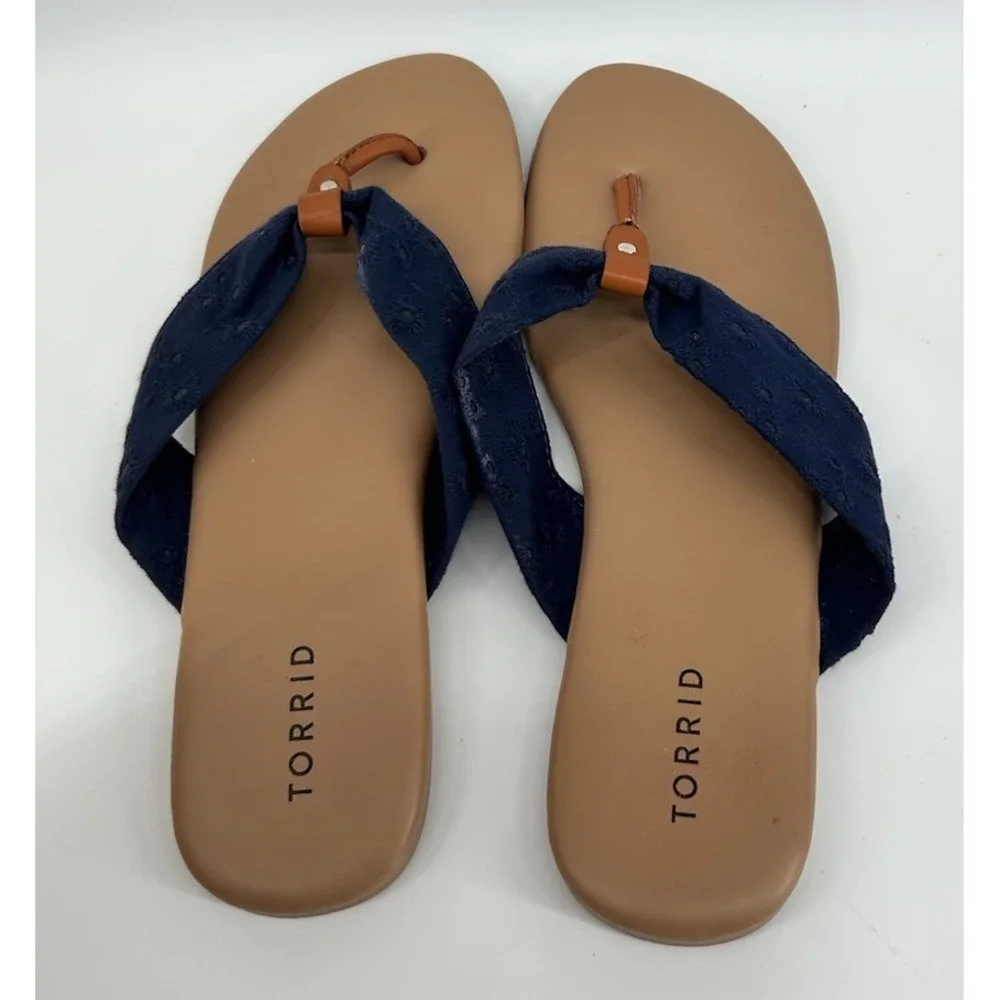 Torrid Flip Flop Blue Eyelet Fabric Strap Slip On Women's Size‎ 10 WW